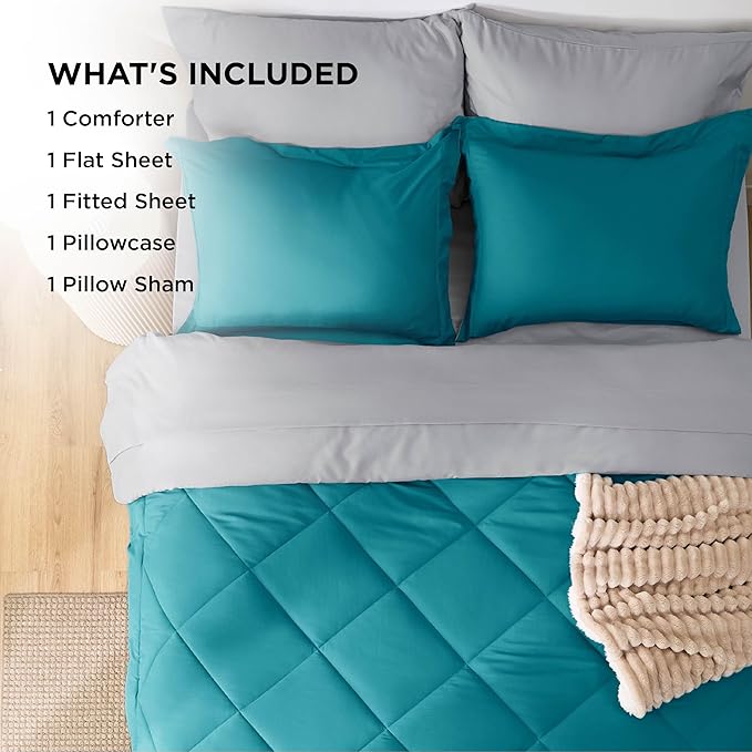 Bedsure Twin Comforter Set - 5 Pieces Reversible Teal Bedding, Twin Size Bed Set for All Seasons, Bed in a Bag with Down Alternative Comforter, Sheets, Pillowcase & Sham