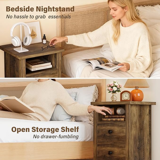 JUMMICO Farmhouse Nightstands, End Table with 2 Storage Drawers and Open Shelf, Rustic Bedside Table for Bedroom, Living Room(2, Warm Amber)