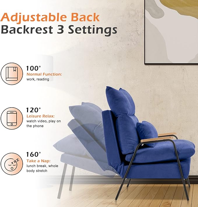 MCombo Accent Recliner Chair with Ottoman, Modern Fabric Armchair, Upholstered Sofa Bed for Living Room Bedroom, Small Space 4055 (Black Frame, Blue)