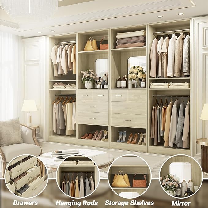 Unikito 100” Closet System with Drawers, 8.3FT Wood Closet Organizer with Hanging Rods and Mirror Design, Reversible Large Walk in Closets Tower Garment Racks with Shelves, White Oak