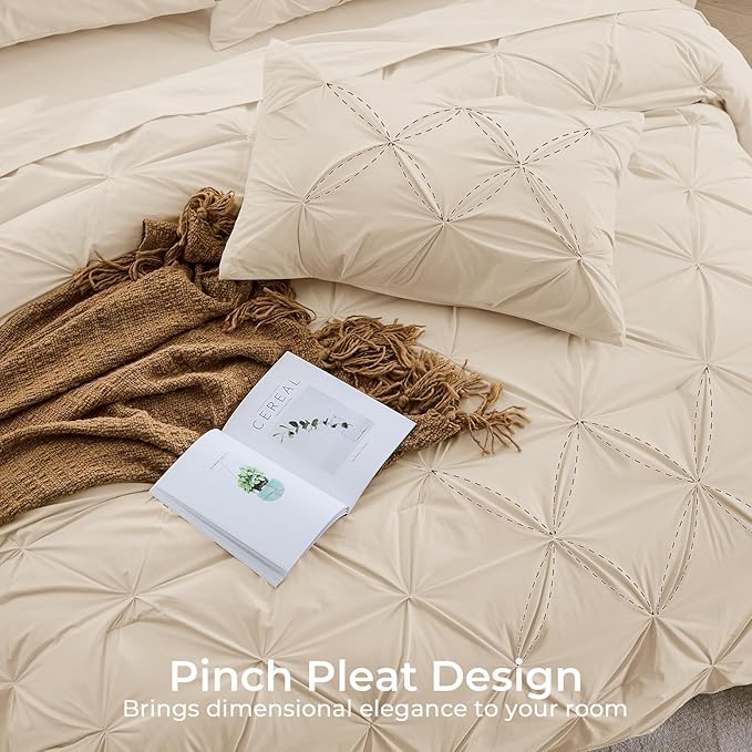 Sasttie Full Size Comforter Set, 7-Piece Bed in a Bag Double, Pintuck Bedding Set for All Season, Includes Comforter, Flat Sheet, Fitted Sheet, Pillowcases and Pillowshams, Warm Beige