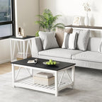 Farmhouse Coffee Table, Black and White Coffee Table for Living Room, 2-Tier Rectangular Wooden Centre Cocktail Table with Slats Shelf Storage and V-Shaped Frame Modern Coffee Tables Oak Black