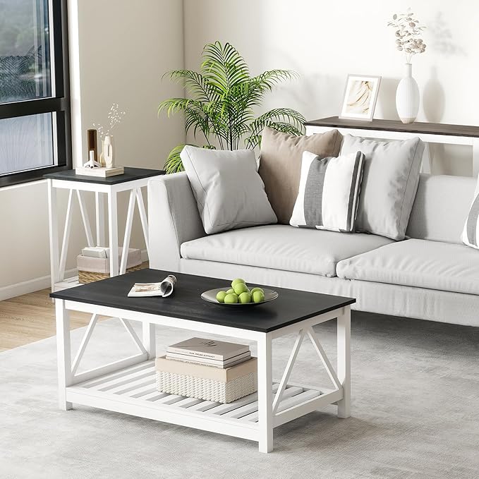 Farmhouse Coffee Table, Black and White Coffee Table for Living Room, 2-Tier Rectangular Wooden Centre Cocktail Table with Slats Shelf Storage and V-Shaped Frame Modern Coffee Tables Oak Black