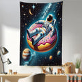 Ambesonne Funny Astronaut Tapestry, Spaceman Floating on a Donut Through the Galaxies Planets Moon, Fabric Wall Hanging Decor for Bedroom Living Room Dorm, 30" X 45", Petrol Blue Pink Orange