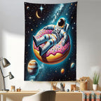 Ambesonne Funny Astronaut Tapestry, Spaceman Floating on a Donut Through the Galaxies Planets Moon, Fabric Wall Hanging Decor for Bedroom Living Room Dorm, 30" X 45", Petrol Blue Pink Orange