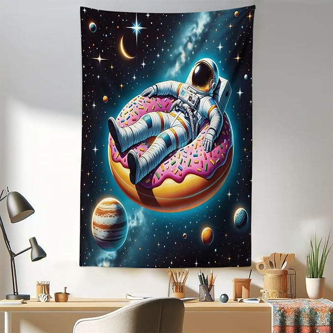 Ambesonne Funny Astronaut Tapestry, Spaceman Floating on a Donut Through the Galaxies Planets Moon, Fabric Wall Hanging Decor for Bedroom Living Room Dorm, 30" X 45", Petrol Blue Pink Orange
