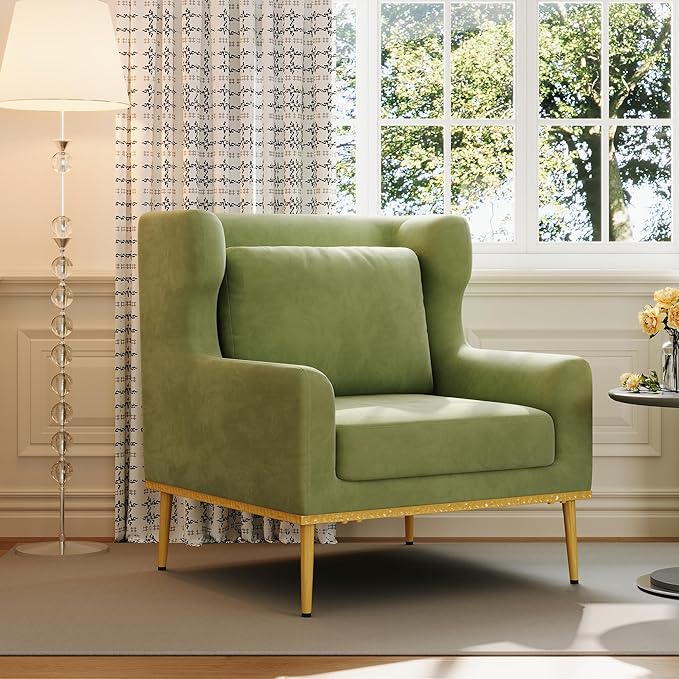 Merax Luxury Velvet Accent Chair, Modern Mid-Century Armchair for Living Room, Bedroom Reading Corner, Comfortable Tufted Single Seater Sofa Chair with Iron Legs (Green)