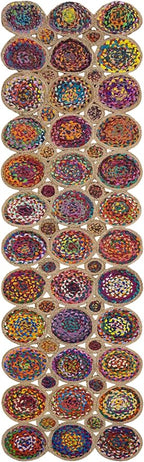 2.6x10 Scalloped Kilim Runner Rug Beige Multicolor Hand Braided Chindi Cotton Jute Cape Cod Design 0.27" Thick Flatweave Geometric Boho Indoor Outdoor Carpet for Hallway, Entryway, Corridor