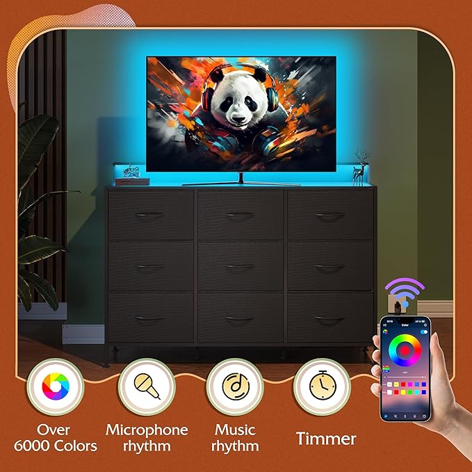WLIVE Black Dresser TV Stand for 45, 50, 55 inch TV, Entertainment Center with LED Lights & Charging Station, Chest of drawers with 9 Fabric Drawers and Open Shelves for Living Room, Hallway, Wood Top