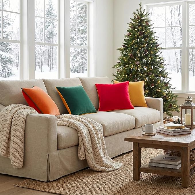 Mecatny Set of 4 Velvet Throw Pillow Covers 18x18, Soft Colorful Accent Decorative Couch Pillow Covers for Sofa Bedroom Living Room, Green/Red