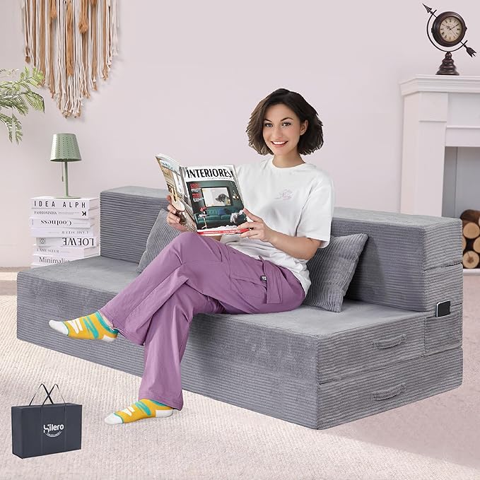 Folding Sofa Bed, 4 in 1 Convertible Sleeper Chair with Pillow, Queen Memory Foam Fold Out Chair Bed, Modern Floor Futon Sofa Couch Mattress for Living Room/Guest/Apartment, Light Gray