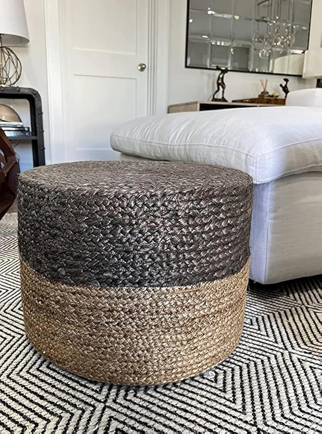 S & L Homes Pouf Ottoman - 100% Jute Braided Footrest Pouf Hand Knitted Traditional Cord Boho Pouffe for Living Room, Bedroom, Nursery, Patio, Lounge Colorblock - Natural Brown (20”x20”x10”)