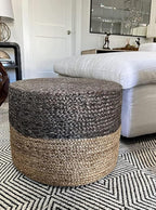 S & L Homes Pouf Ottoman - 100% Jute Braided Footrest Pouf Hand Knitted Traditional Cord Boho Pouffe for Living Room, Bedroom, Nursery, Patio, Lounge Colorblock - Natural Brown (20”x20”x10”)