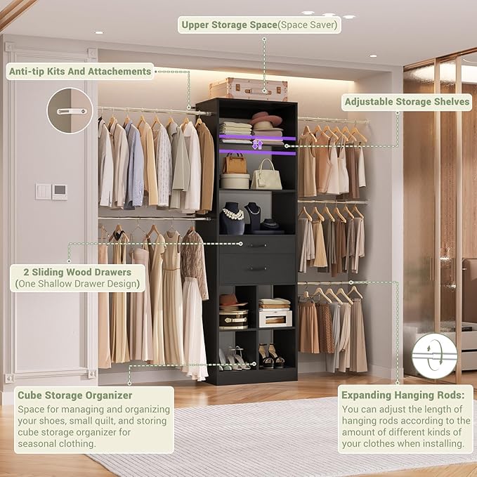 Closet System, 4-8 FT Closet Organizer Systems with 2 Wooden Drawers and 5 Hanging Rods, Can Fit 60 to 96 inch Walk-in Closet System, Black