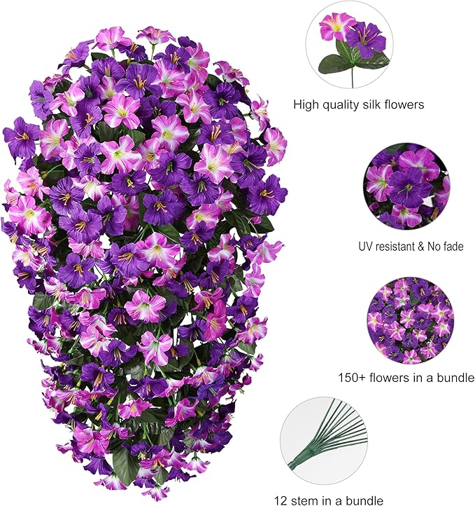 HyeFlora Artificial Flowers for Outdoors, 2pcs Faux Hanging Morning Glory Silk Fake Flowers Lifelike Artificial Plants UV Resistant Flowers for Outside Planter Patio Garden Porch Decor (Fuchsia)