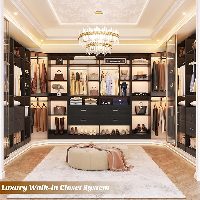 Corner Closet System with 2 Sets, 63.2" Corner Closet Organizer System with 2 Drawers + 18 Shelves + 3 Hanging Rods, Reversible L Shaped Walk-in Closets, Black (63.2" L x 39.2" W x 80" H)