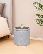 Round Ottoman with Storage, Boucle Foot Rest Stool with Reversible Tray Lid, Folding Teddy Ottoman Coffee Table for Dorm Living Room Bedroom Entryway, Grey,13" x 13" x 13.8"