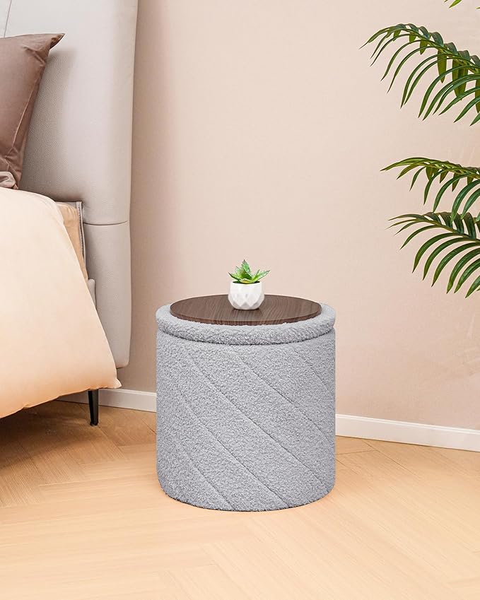 Round Ottoman with Storage, Boucle Foot Rest Stool with Reversible Tray Lid, Folding Teddy Ottoman Coffee Table for Dorm Living Room Bedroom Entryway, Grey,13" x 13" x 13.8"