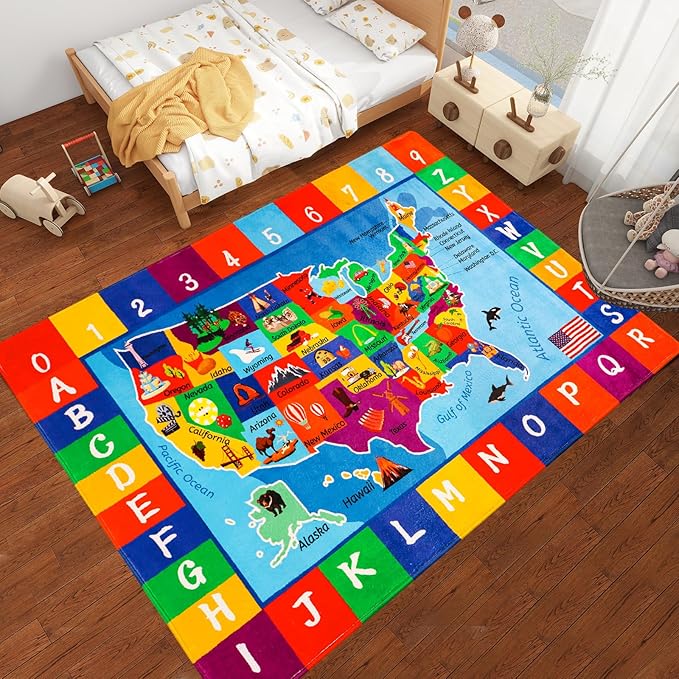 USA Map ABC Kid Rug 39.4" × 63" for Playroom Geography Classroom Rug Educational Baby Playmat Alphabet Mat for Primary School Fluffy Ployester Non-Slip Preschool Carpet for Nursery Room