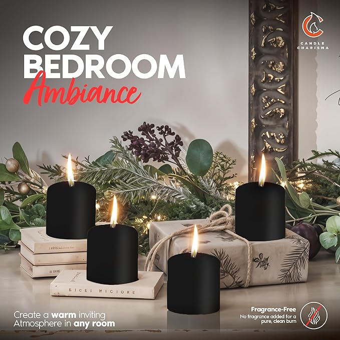 Candle Charisma Black Unscented Votive Candles - 10 Hour Burn time - Set of 72 for Dinner, Wedding, Halloween and Holiday Decorations