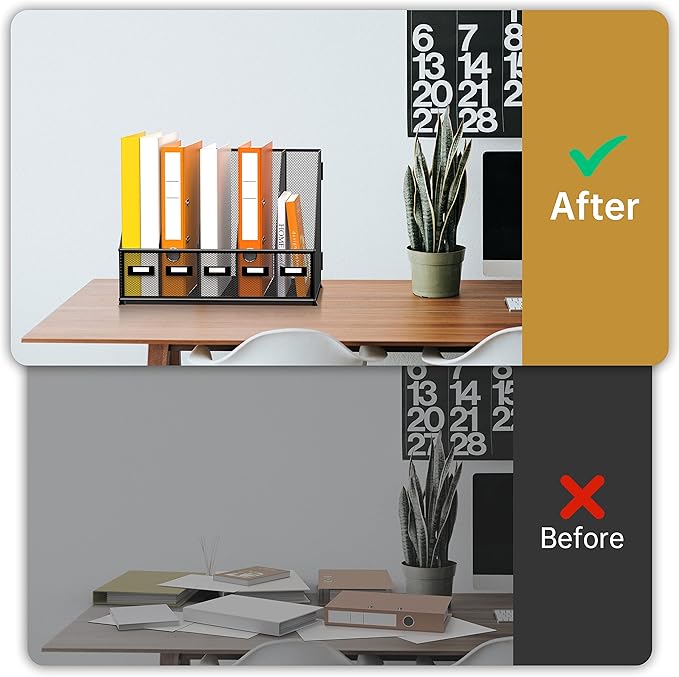 DALTACK Desk Organizers Metal Magazine File Holder with 5 Vertical Compartments Folder Storage Binder Organizer for Office Home School Organization, Black Plus