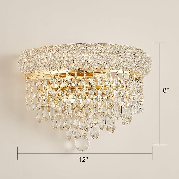 2-Lights Crystal Icicle Prisms Drops Wall Sconce Light for Living Room Dining Room Bathroom Vanity Mirrors Hallway Bedroom Closet Stairway(Gold)