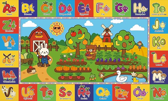 Upgrade Ultra Non Slip Kids ABC Rug for Kids Playroom, 3x5 Washable Alphabet Educational Learning Play Mat for Toddlers Baby Boys Girls, Colorful Farm Carpet for Nursery, Classroom & Bedroom, 36"x60"