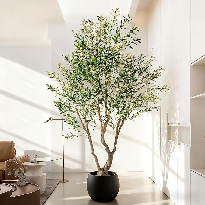 8ft Faux Olive Tree with Pot & Moss Artificial Olive Plant Fake Olive Tree for Home Decor, Large Indoor Artificial Trees Faux Plants Indoor Durable Artificial Trees for Living Room/Office