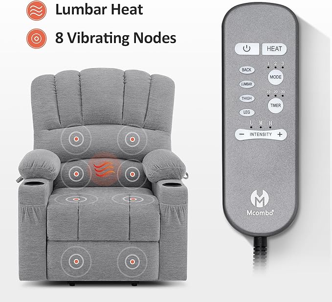 MCombo Power Lift Recliner Chair for Elderly, Lift Chair with Heat and Massage, USB &Type C Ports, Cup Holders, Fabric 7095 (Medium, Grey)
