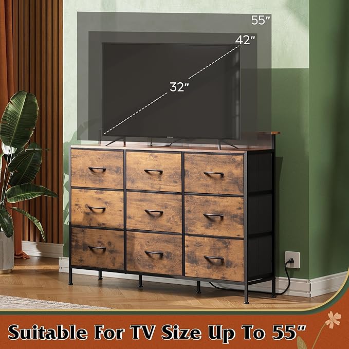 WLIVE Dresser TV Stand for 45, 50, 55 inch TV, Entertainment Center with LED Lights & Charging Station, Chest of Drawers with 9 Fabric Drawers and Open Shelves for Living Room, Hallway, Rustic Brown