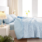 Wake In Cloud - Floral Quilt Set, Coquette Cottagecore Shabby Chic Flower Pattern for Women Teen Girls, Reversible Lightweight Bedspread Coverlet, 3 Pieces, Light Blue, Queen/Full Size