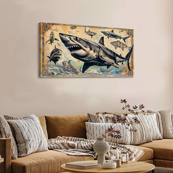JEAWA Wall Art for Living Room, Vintage Dollar Background Cool Shark Marine Life Wall Painting Canvas Print Posters Ready to Hang Bedroom Bathroom Game Teenage Boy Room Home Decor 20x40 IN
