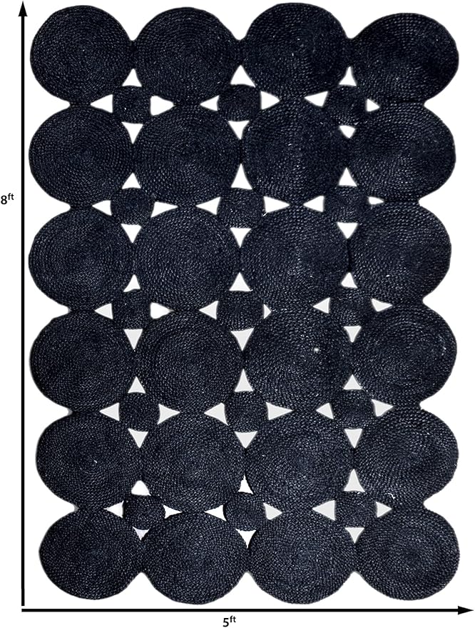 Scalloped Edge Rug, Hand Woven Natural Jute Area Rug, 8x8 Ft Square Black Braided Kilim Rugs for Living Room, Kitchen, Entryway, Farmhouse