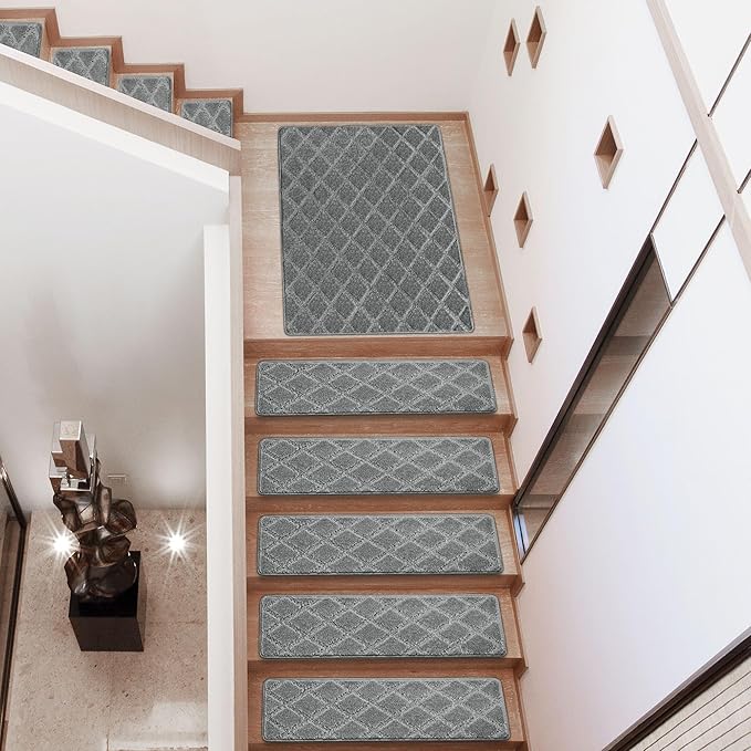 PURE ERA Carpet Stair Treads Tape Free Non Slip Indoor Stair Carpet Stair Protectors Pet-Friendly Non-Slip Skid Resistant Washable Reusable 8" x 30"(14 Pieces,Gray Diamond Trellis)