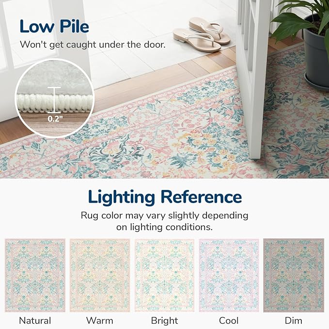Lessymo 8x10 Washable Rug for Living Room, Soft Non Slip Pink Area Rugs for Bedroom Nursery Dining Room, Low Plie Boho Forest Large Carpet Botanical Colorful Cute Flower, Pink Green