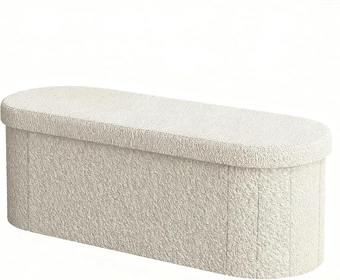GLAXYFUR Oval Storage Ottoman Bench, Sherpa Foot Rest, 43 Inch Folding Chest for Living Room, Bedroom, White