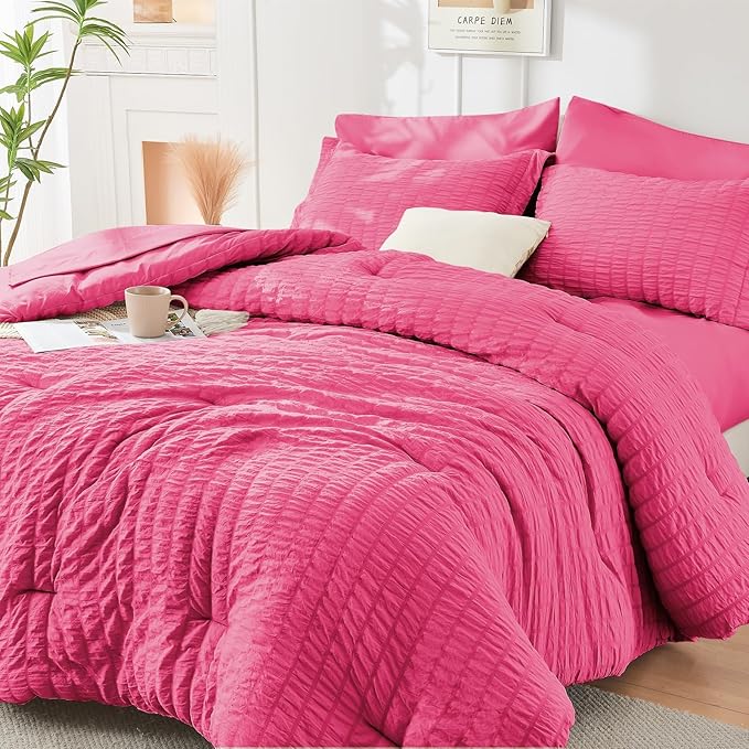 HYMOKEGE Hot Pink King Size Comforter Set Seersucker 7 Pieces, All Season Luxury Bed in a Bag for Bedroom, Bedding Set with Comforter, Sheets, Pillowcases & Shams