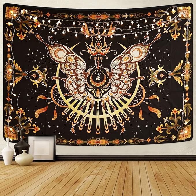 CHDGDHC Butterfly Moth Tapestry,Hippie Floral Aesthetic Wall Tapestries, Psychedelic Aesthetic Decor, Large Tapestry for Bedrooms, Living Rooms, and Dorms-47.64x35.43 Inch