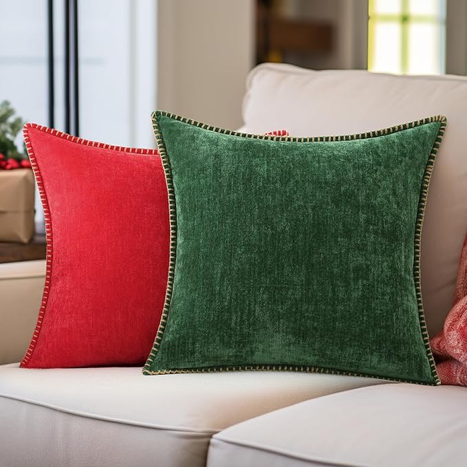 decorUhome Spring Chenille Soft Cozy Throw Pillow Covers 22x22 Set of 2, Modern Farmhouse Boho Velvet Decorative Euro Sham Pillow Cases with Stitched Edge for Couch Sofa Bed Home Decor, Green