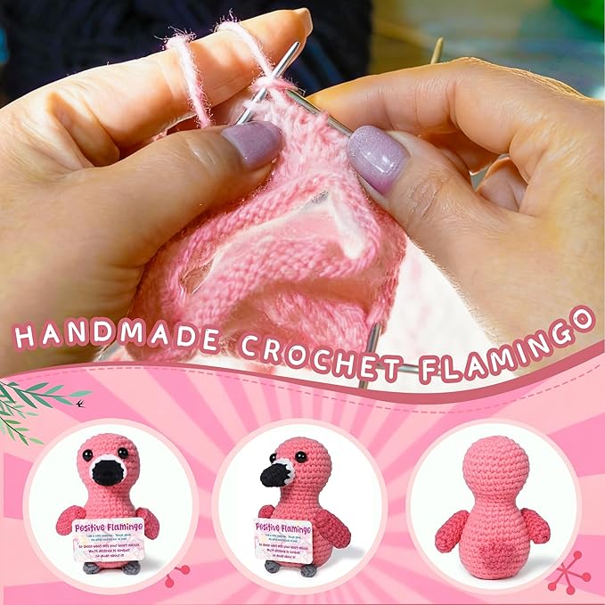 Mini Positive Flamingo Crochet Gifts, Birthday Gifts for Women Men Handmade Presents, Inspirational Small Animals Cute Flamingo, Emotional Cheer Up Funny Decor (Positive)