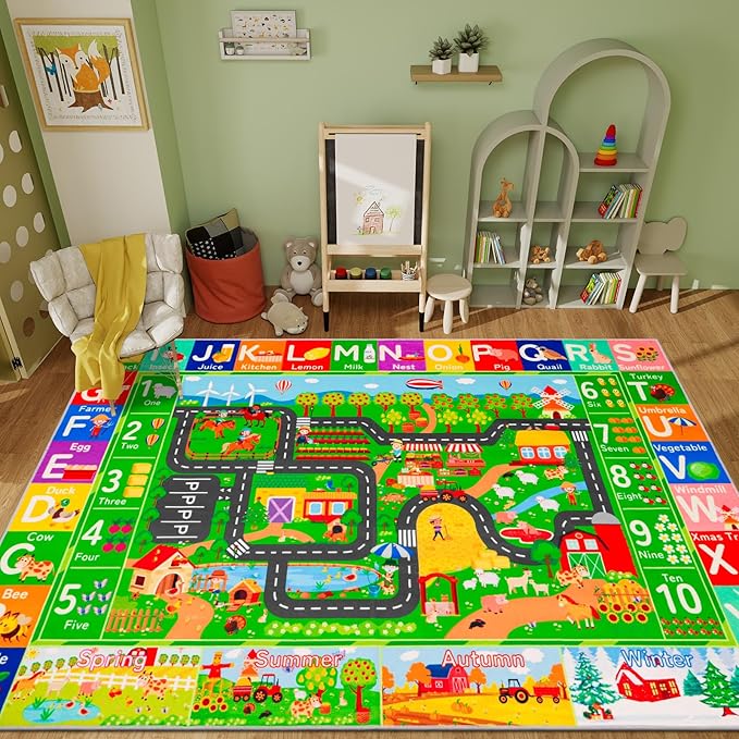 Kids Rugs for Toy Cars Playroom 78.7"×59" ABC Farm Life Road Traffic Kids Car Road Rugs Village Map Play Mat for Toddlers Boys Room Family Tummy Time Playtime Learning Carpet