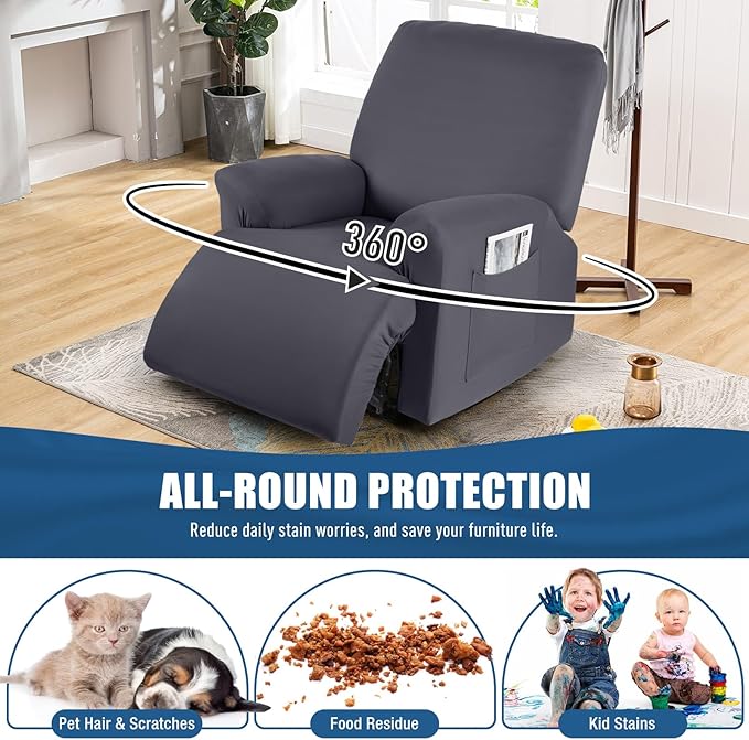 TAOCOCO Recliner Chair Covers 4-Pieces for Oversized Recliner, Stretch Recliner Slipcover for Large Recliners Washable Polyester Soft Fabric Furniture Protector (Oversized Recliner, Dark Gray)