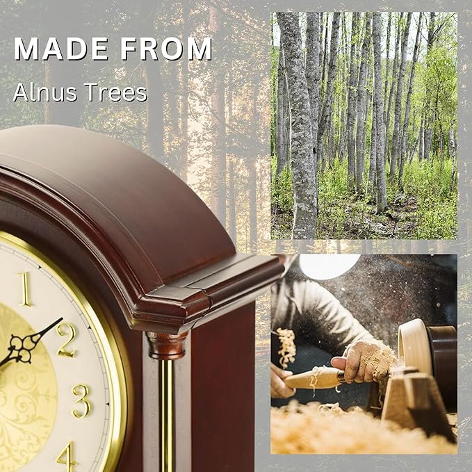 Mantel Clock Antique Classic Luxury Style Golden Clock Dial Alnus Wood Clock Frame Hourly Chime Non-Ticking Night Mode