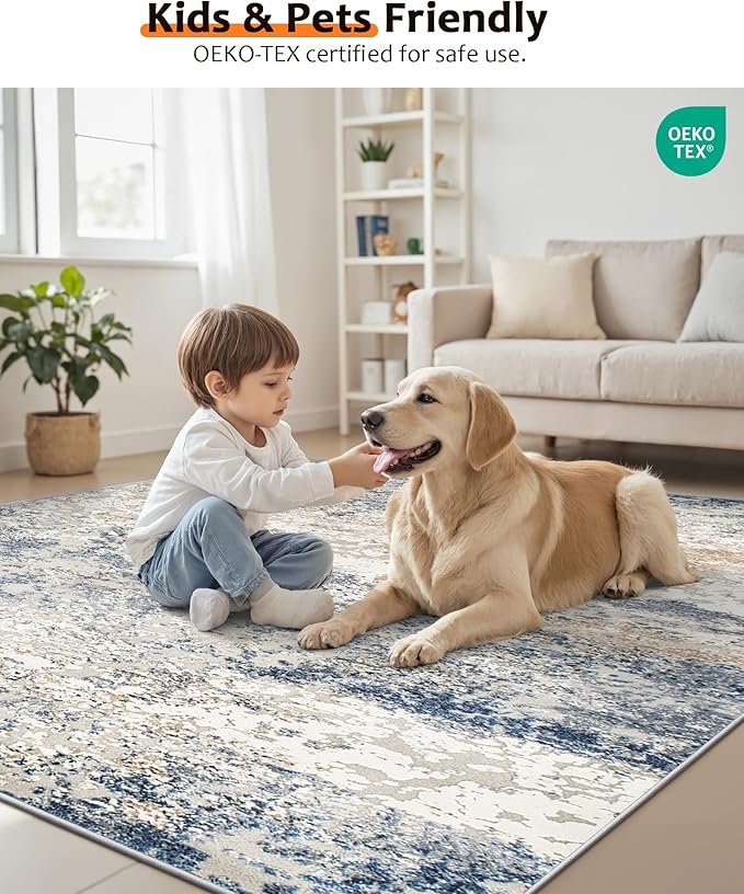 Art&Tuft Washable Rugs 5x7, Abstract Area Rugs for Living Room - Non Slip and Low Pile Soft Thin 5x7 Rug for Bedroom, Dining Room, Kitchen, Office, Blue