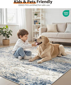 Art&Tuft Washable Rugs 5x7, Abstract Area Rugs for Living Room - Non Slip and Low Pile Soft Thin 5x7 Rug for Bedroom, Dining Room, Kitchen, Office, Blue