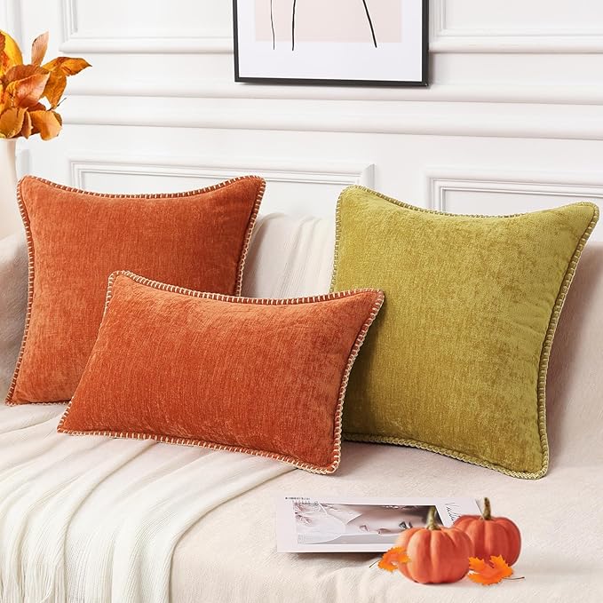 decorUhome Spring Chenille Soft Cozy Throw Pillow Covers 24x24 Set of 2, Modern Farmhouse Boho Velvet Decorative Euro Sham Pillow Cases with Stitched Edge for Couch Sofa Bed Home Decor, Rust