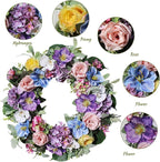 24 Inch Spring Summer Wreaths for Front Door, Spring Summer Door Wreaths, Artifical Floral Flowers Wreath with Purple Hydrangea,Pink Rose,Blue Tulip,Large Wreaths for Spring Summer Outdoor Home Decor