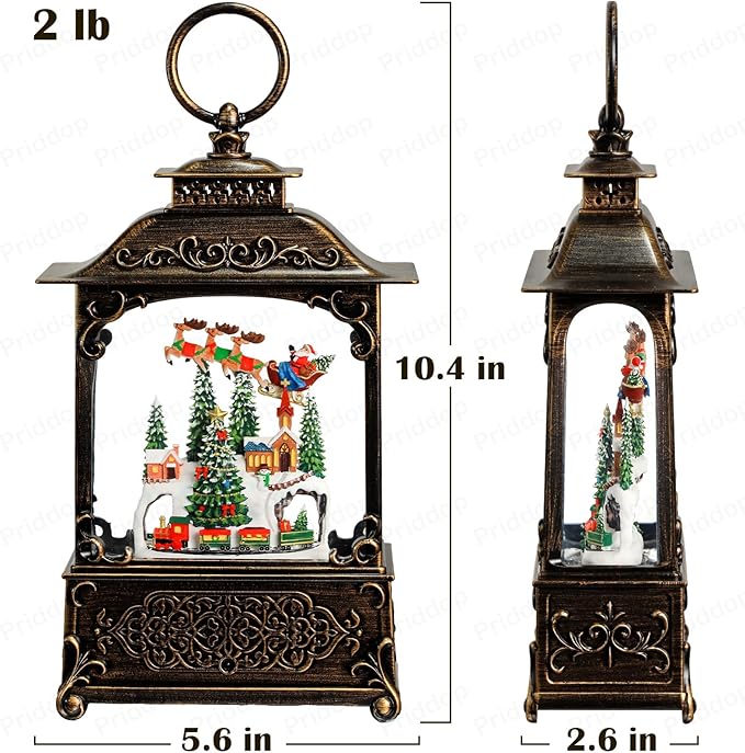Village Snow Globe Christmas Decorations Indoor Santa Claus Reindeer Church Cabin Snow Village Scene Gifts Classic Relief Texture Musical Glitter Snowfall USB/Battery Timer Lantern 10.4 inch