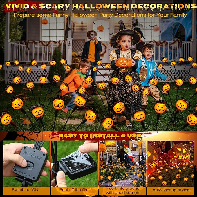 Halloween Decorations Outdoor 2 Pack Solar Lights, 12 LED Scary Pumpkin Swaying Firefly Lights with Spider & Bats for Outside Garden Yard Lawn Grave Cemetery Ghost Decor Party, Orange