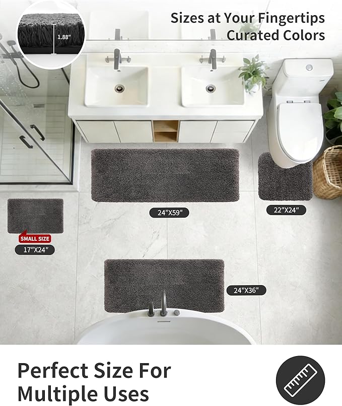 ILANGO Dark Gray Bathroom Rugs 24" × 17" Small Non Slip & Super Absorbent Extra Thick Soft, Washable Bath Mat for Floor, Microfiber Plush Shaggy Bath Rug with Rubber for Bathtub Shower Room Sink
